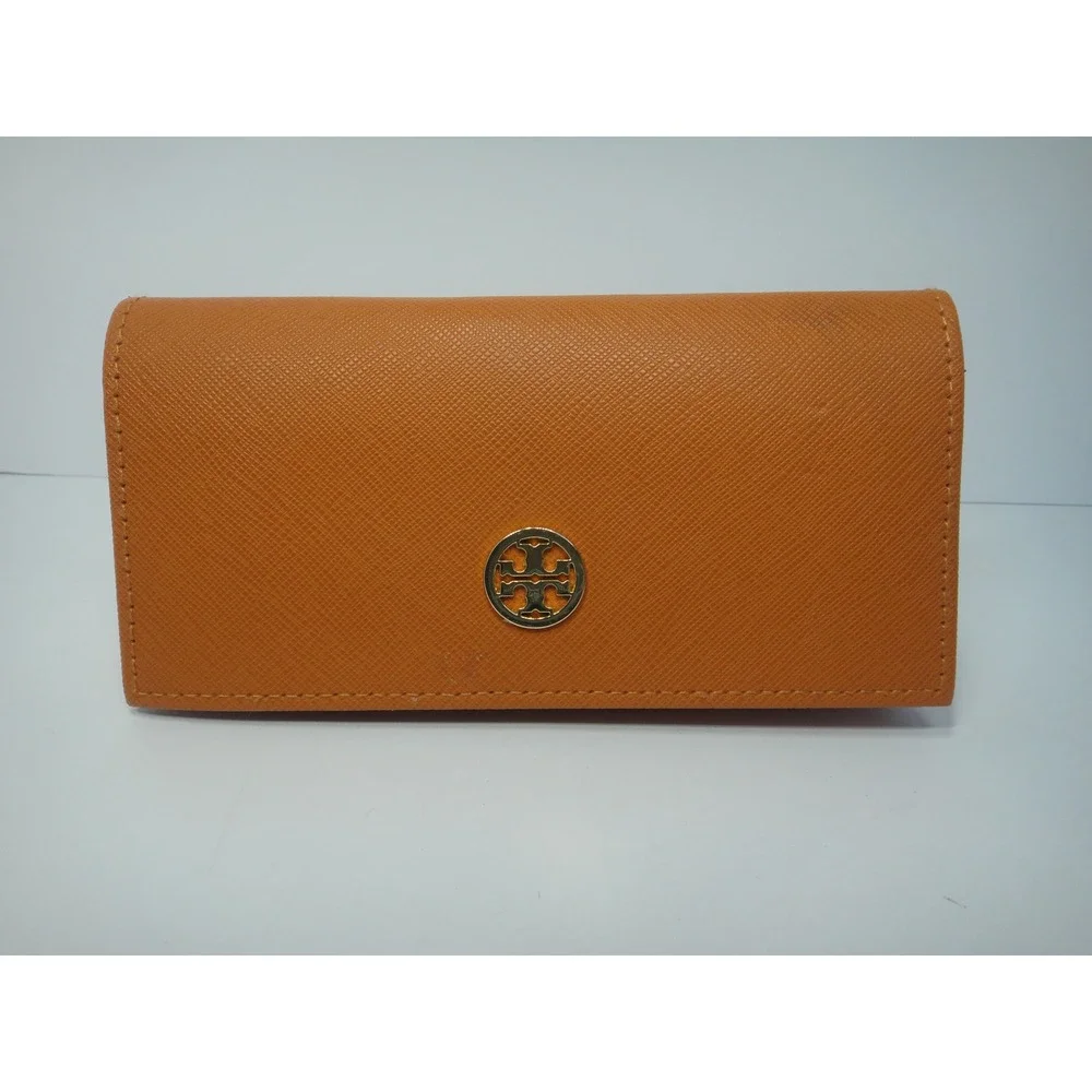 Tory Burch Robinson Orange Saffiano Leather Hard Shell Glasses Case Gold Logo